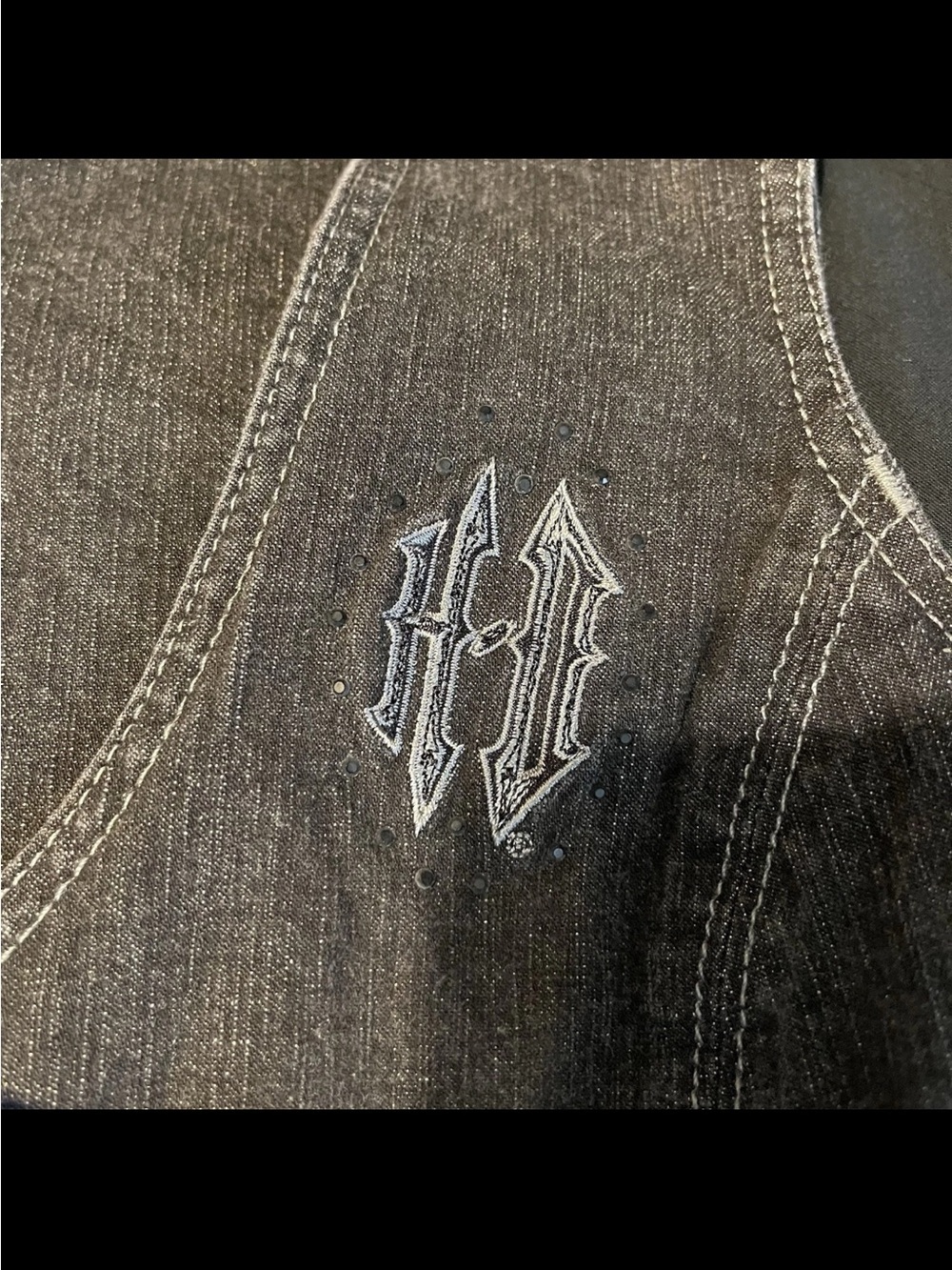 Harley Davidson L Black Denim Double Breasted Button Vest Black Stones/Gems - Picture 2 of 7